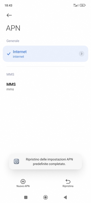 Le impostazioni del tuo telefono saranno ripristinate secondo le impostazioni internet e MMS predefinite