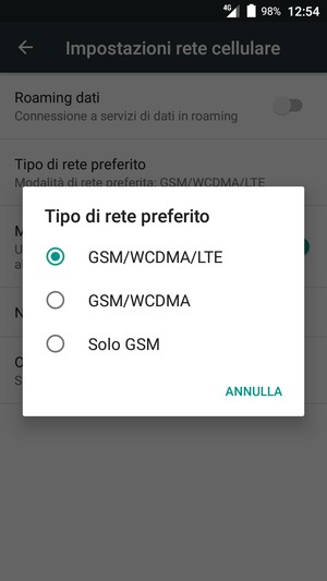 Seleziona Solo GSM per abilitare il 2G