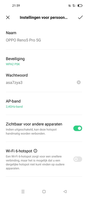 Voer een wachtwoord van een WiFi-hotspot in van ten minste 8 tekens en selecteer OK