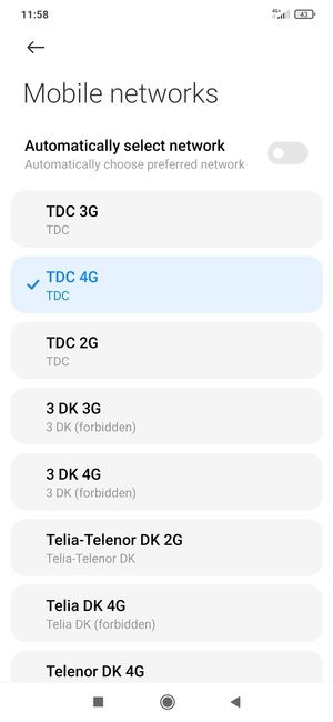 Select a network operator from the list