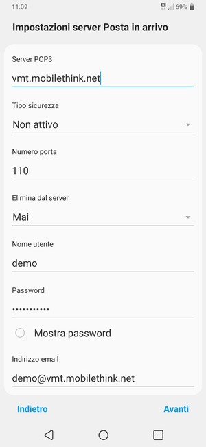 Inserisci l'indirizzo del server Posta in arrivo e Nome utente. Seleziona Avanti