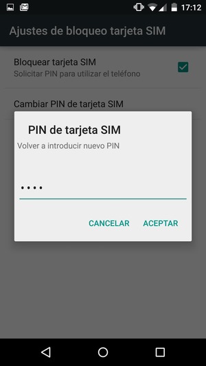 Confirme su nuevo PIN de tarjeta SIM y seleccione ACEPTAR