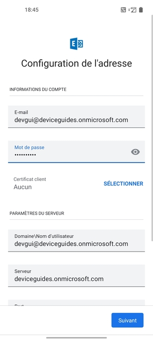 Saisissez votre Nom d'utilisateur et l'adresse du serveur Exchange. Sélectionnez Suivant