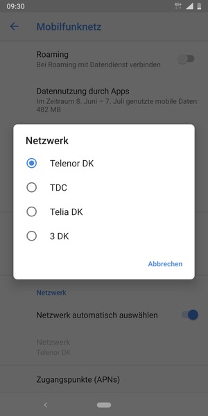 Wählen Sie einen Netzbetreiber von der Liste
