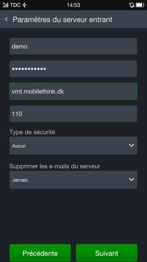 Saisissez votre Nom d'utilisateur et l'adresse du serveur Entrant. Sélectionnez Suivant
