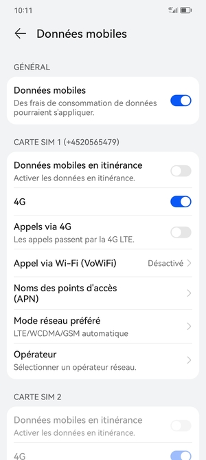 Faites défiler jusqu'à CARTE SIM 1 ou CARTE SIM 2 et sélectionnez Noms des points d'accès (APN)