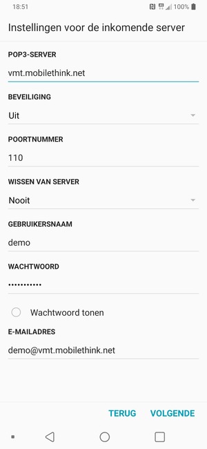 Voer inkomende serveradres en Gebruikersnaam in. Selecteer VOLGENDE