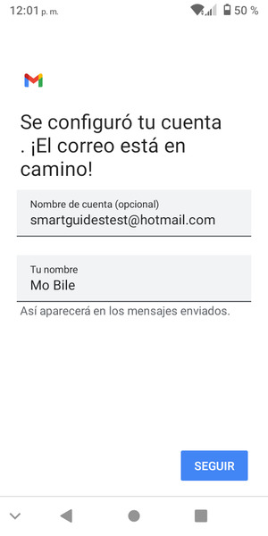 Déle a su cuenta un nombre y escriba su nombre. Seleccione SEGUIR