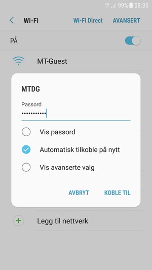 Skriv inn Wi-Fi-passord og velg KOBLE TIL
