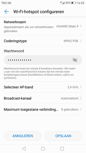 Voer een wachtwoord van een WiFi-hotspot in van ten minste 8 tekens en selecteer OPSLAAN