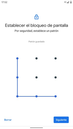 Dibuje un patrón de desbloqueo y seleccione Siguiente