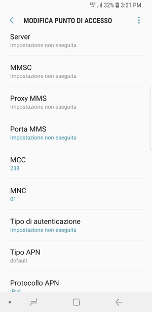 Scorri verso il basso e inserisci le informazioni di internet