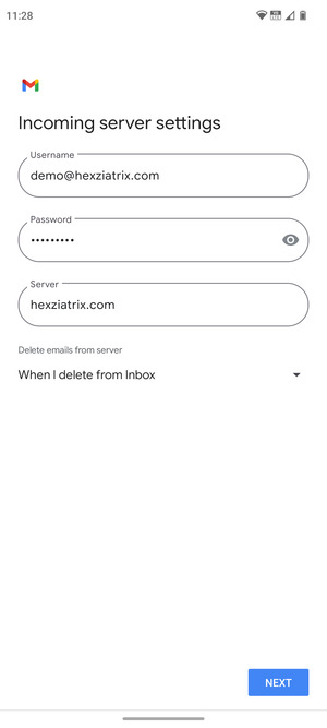 Enter Username and Incoming server address. Select NEXT