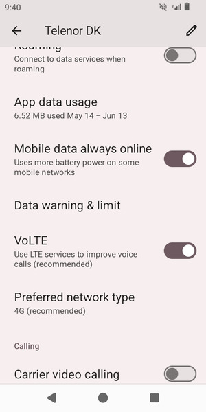 Scroll to and select Preferred network type