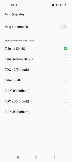 Velg en nettverksoperatør fra listen