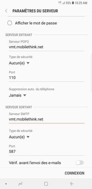 Désactiver Vérif. avant l'envoi des e-mails  et sélectionnez CONNEXION
