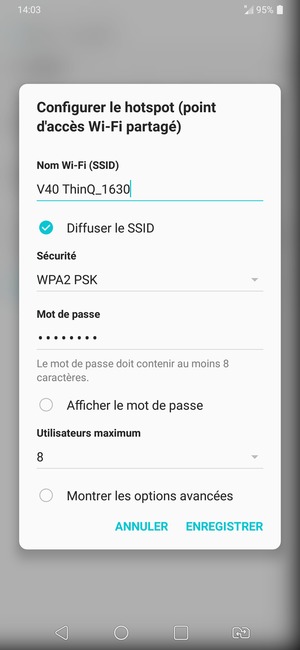 Saisissez un mot de passe de hotspot Wi-Fi d'au moins 8 caractères et sélectionnez ENREGISTRER