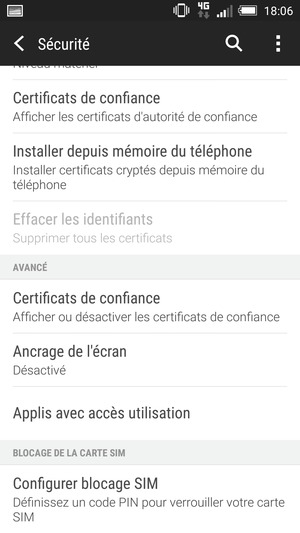 Pour modifier le code PIN de la carte SIM, sélectionnez Configurer blocage SIM