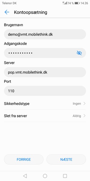 Indtast Brugernavn og indgående serveradresse. Vælg NÆSTE
