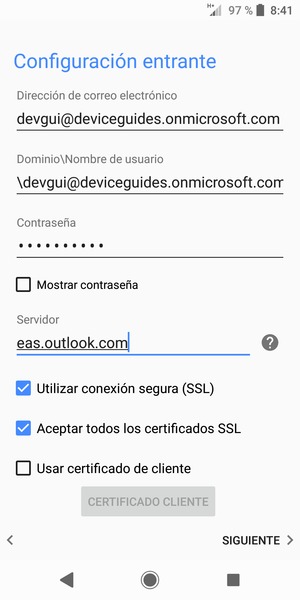 Introduzca Nombre de usuario y la dirección de servidor Exchange. Seleccione SIGUIENTE