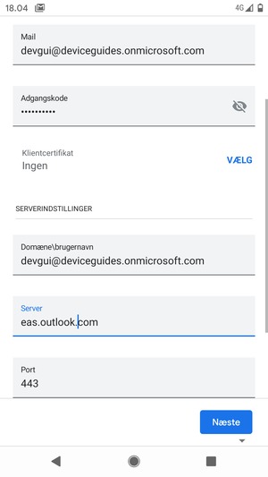 Indtast Brugernavn og Exchange serveradresse. Vælg Næste