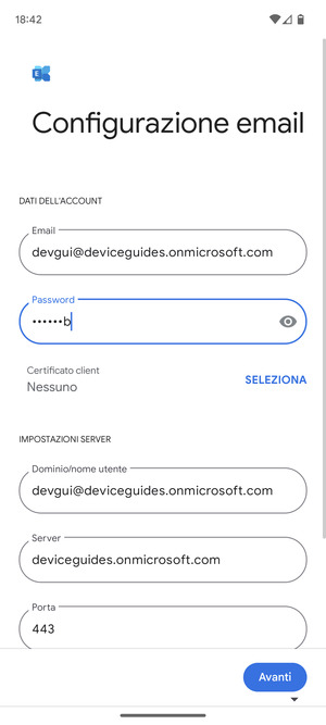 Inserisci Nome utente e l'indirizzo del server Exchange. Seleziona Avanti
