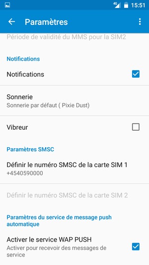 Faites défiler et sélectionnez Définir le numéro SMSC de la carte SIM