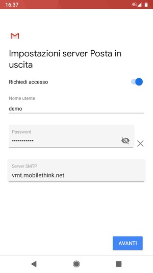 Inserisci l'indirizzo del server di posta in uscita