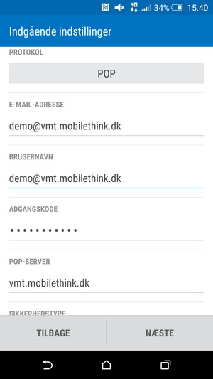 Indtast Brugernavn og Indgående serveradresse. Vælg NÆSTE