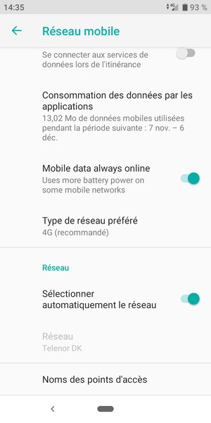 Désactiver Sélectionner automatiquement le réseau