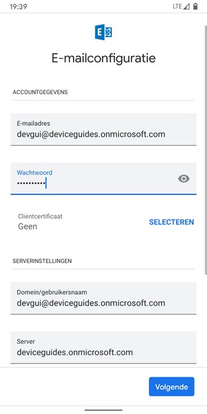 Voer Gebruikersnaam en Exchange serveradres in. Selecteer Volgende
