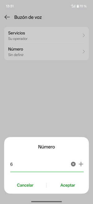 Introduzca el Número del buzón de voz y seleccione Aceptar