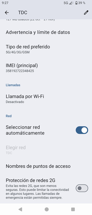 Para cambiar la red en caso de problemas de conectividad, desactive Seleccionar red automáticamente