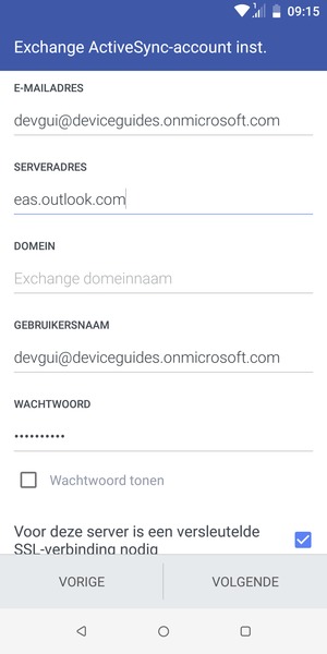 Voer Gebruikersnaam en Exchange serveradres in. Selecteer VOLGENDE