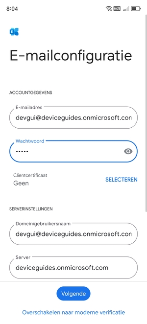 Voer Gebruikersnaam en Exchange serveradres in. Selecteer Volgende