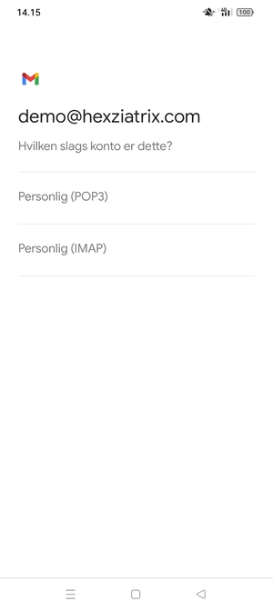 Vælg Personlig (POP3) eller Personlig (IMAP)