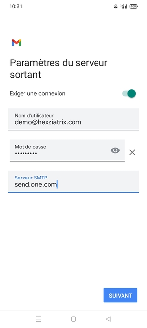 Entrez l'adresse du serveur Sortant et sélectionnez SUIVANT