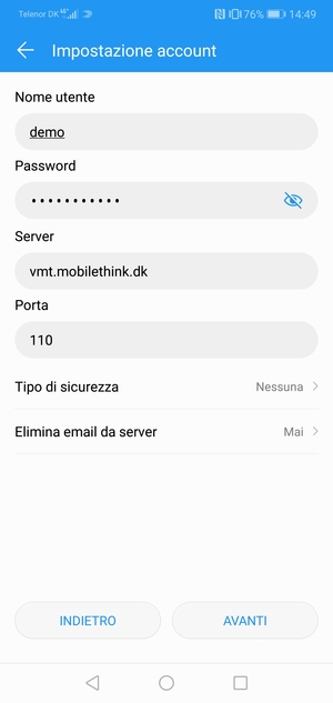 Inserisci Nome utente e l'indirizzo del server di posta in arrivo. Seleziona AVANTI