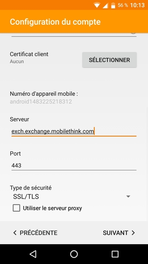 Faites défiler vers le bas et saisissez l'adresse du serveur Exchange