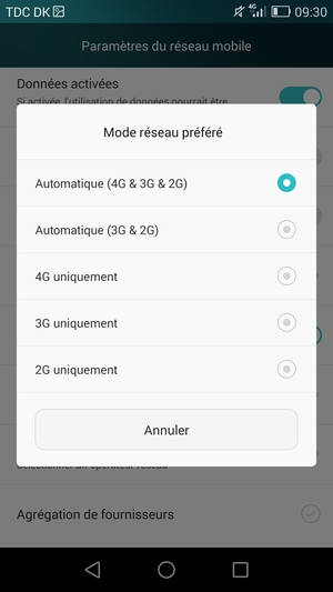 Sélectionnez Automatique (3G & 2G) pour activer la 3G et Automatique (4G & 3G & 2G) pour activer la 4G