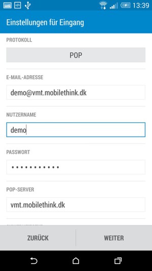 Geben Sie E-Mail-Informationen für Eingang Server-Einstellungen ein. Wählen Sie WEITER
