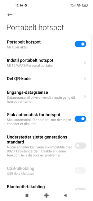 Din telefon er nu sat op til brug som modem