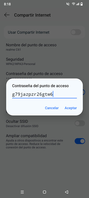 Introduzca una contraseña de punto de acceso Wi-Fi de al menos 8 caracteres y seleccione Aceptar