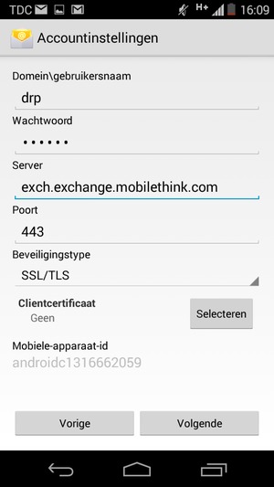 Voer Gebruikersnaam en Exchange serveradres in. Selecteer Volgende