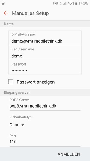 Geben Sie Benutzername und die Server-Adresse für eingehende Post ein