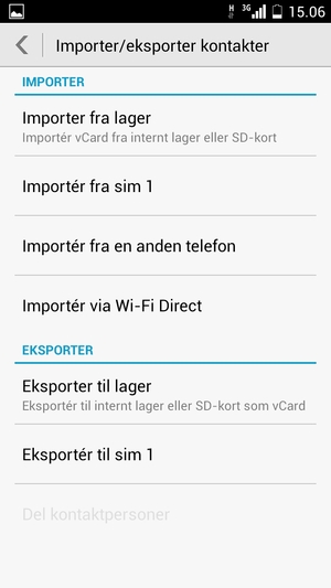 Vælg Importér fra sim 1/sim 2 / Kopier fra SIM-kort
