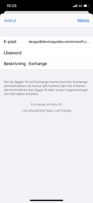 Ange din Exchange-e-postinformation och välj Nästa