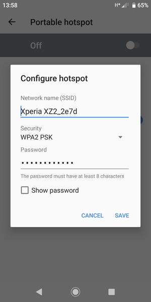 Enter a Wi-Fi hotspot password of at least 8 characters and select SAVE
