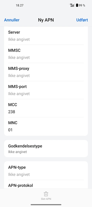 Scroll ned og indtast internet-oplysninger