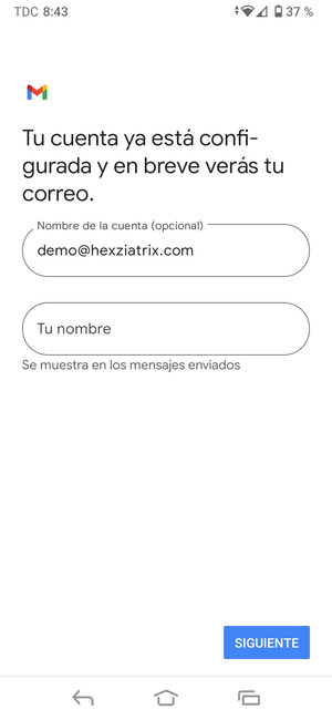 Déle a su cuenta un nombre y escriba su nombre. Seleccione SIGUIENTE